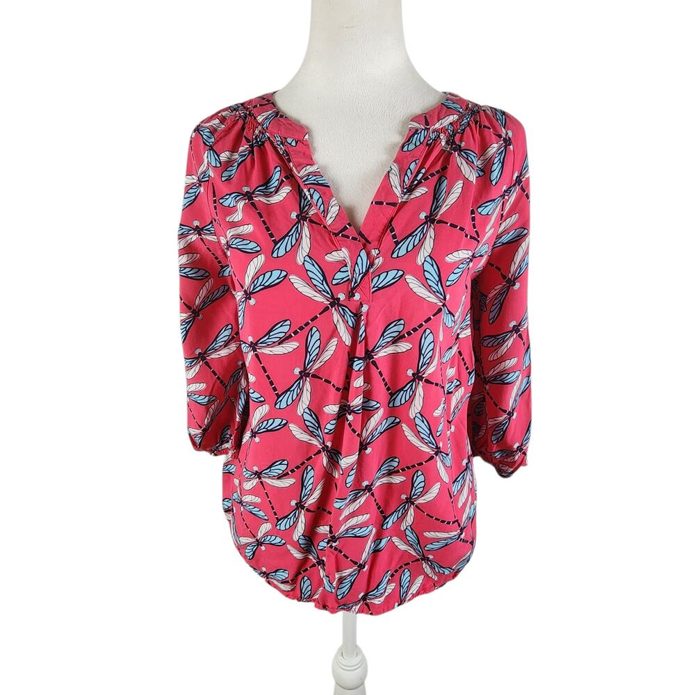 Crown & Ivy Pink Blue Dragonfly Print 3/4 Sleeves Blouse Women's Small
